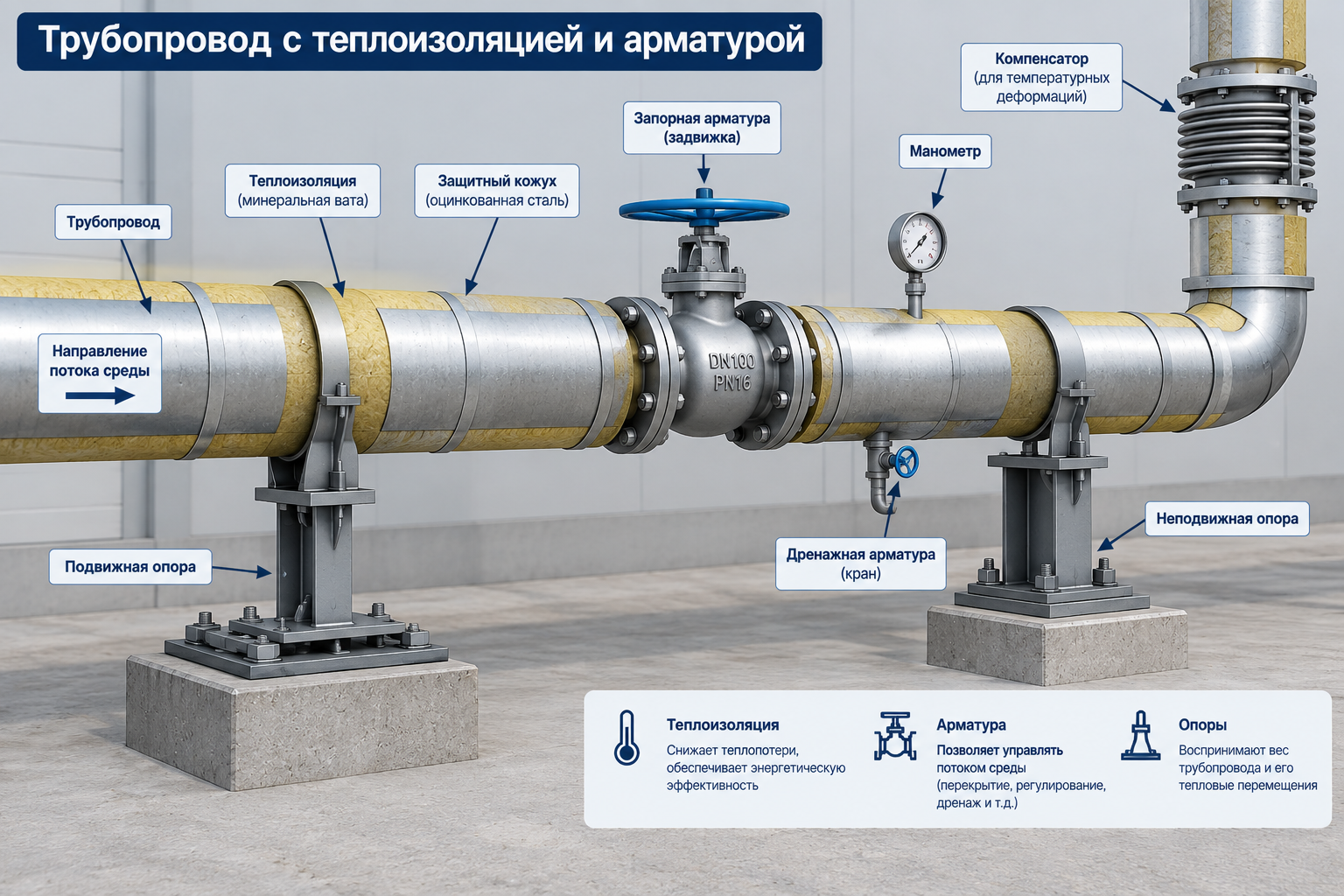Трубопровод с теплоизоляцией и арматурой